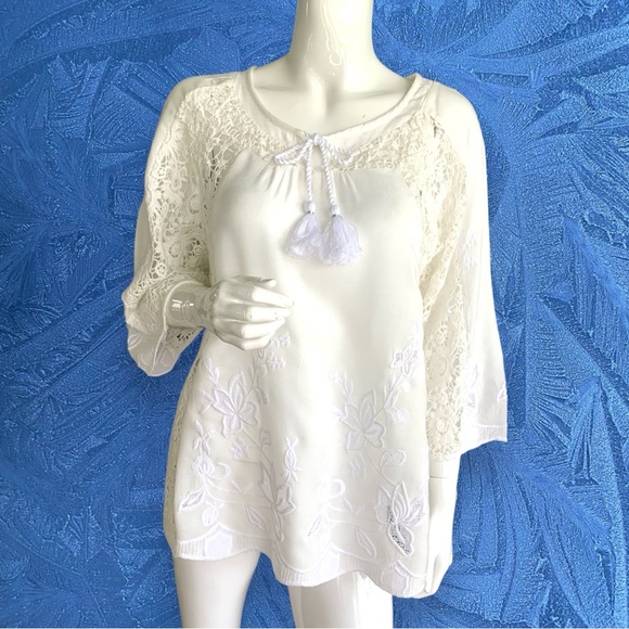 SOFT SURROUNDINGS WHITE COTTON LACE EMBROIDERED TASSEL TIE TOP. WOMEN’S SIZE XS - Picture 1 of 11